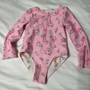 2 in 1 reversible swim suit. Pink Floral and white fruit long sleeve zipper